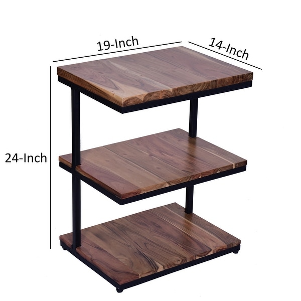 Industrial End Table with 3 Tier Wooden Shelves and Metal Frame， Brown and Black