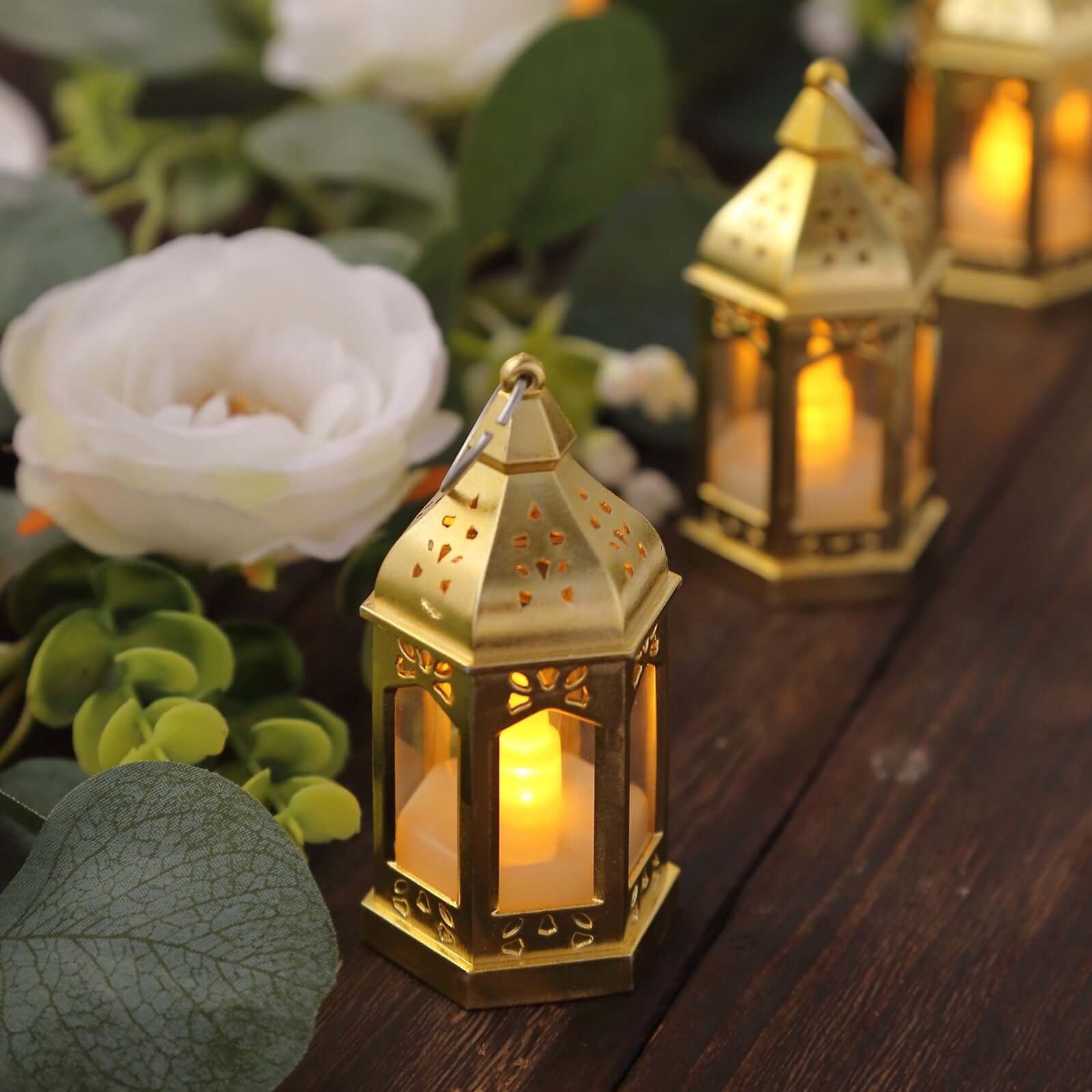 6 Pack Gold Vintage Mini Lantern with Flickering LED Tealight Candles, Moroccan Style Battery Operated Warm White Candle Lantern Lamp Centerpieces - 3.5