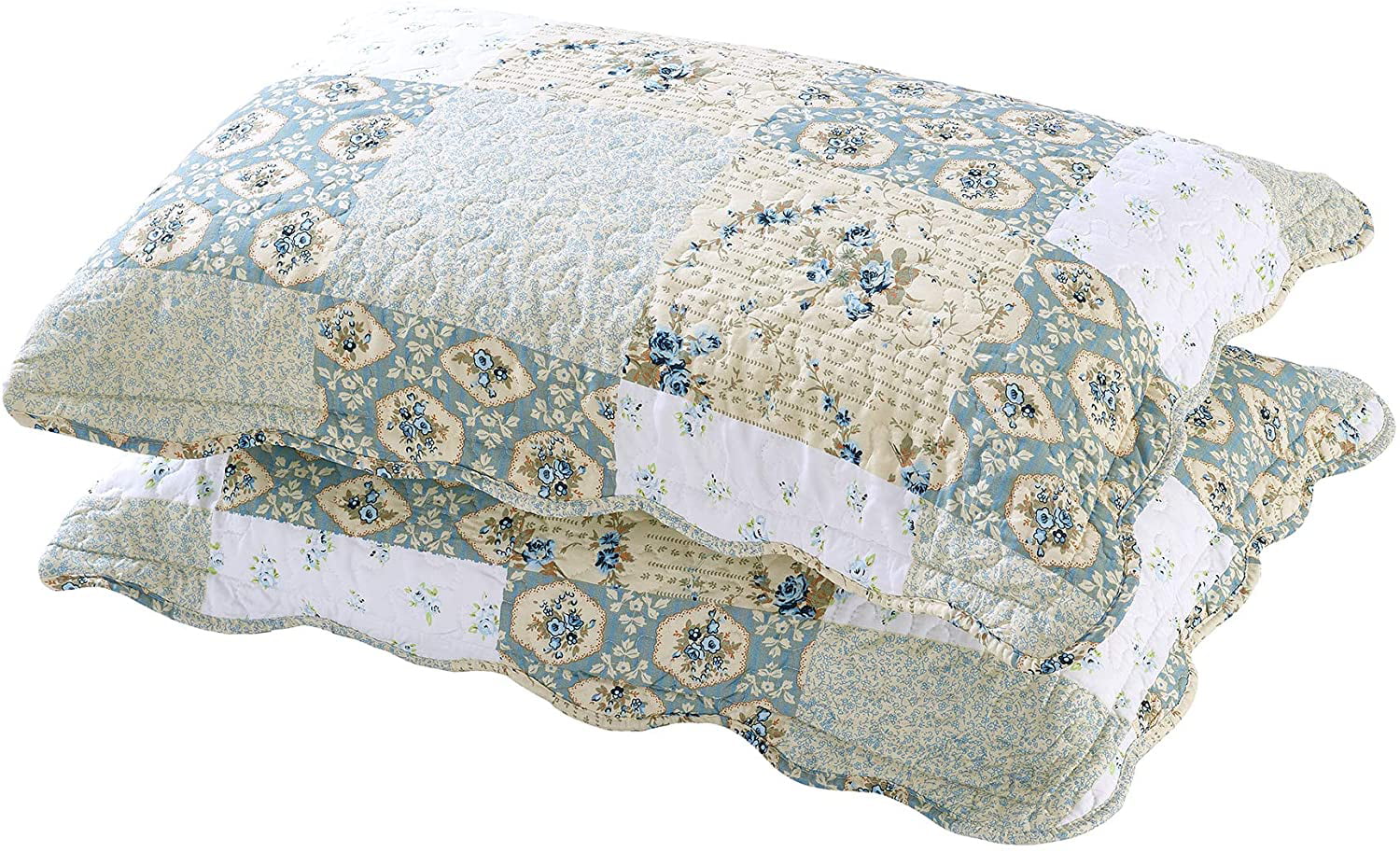 All American Collection New Reversible 3pc Floral Printed Patchwork Blue/Green Bedspread/Quilt Set