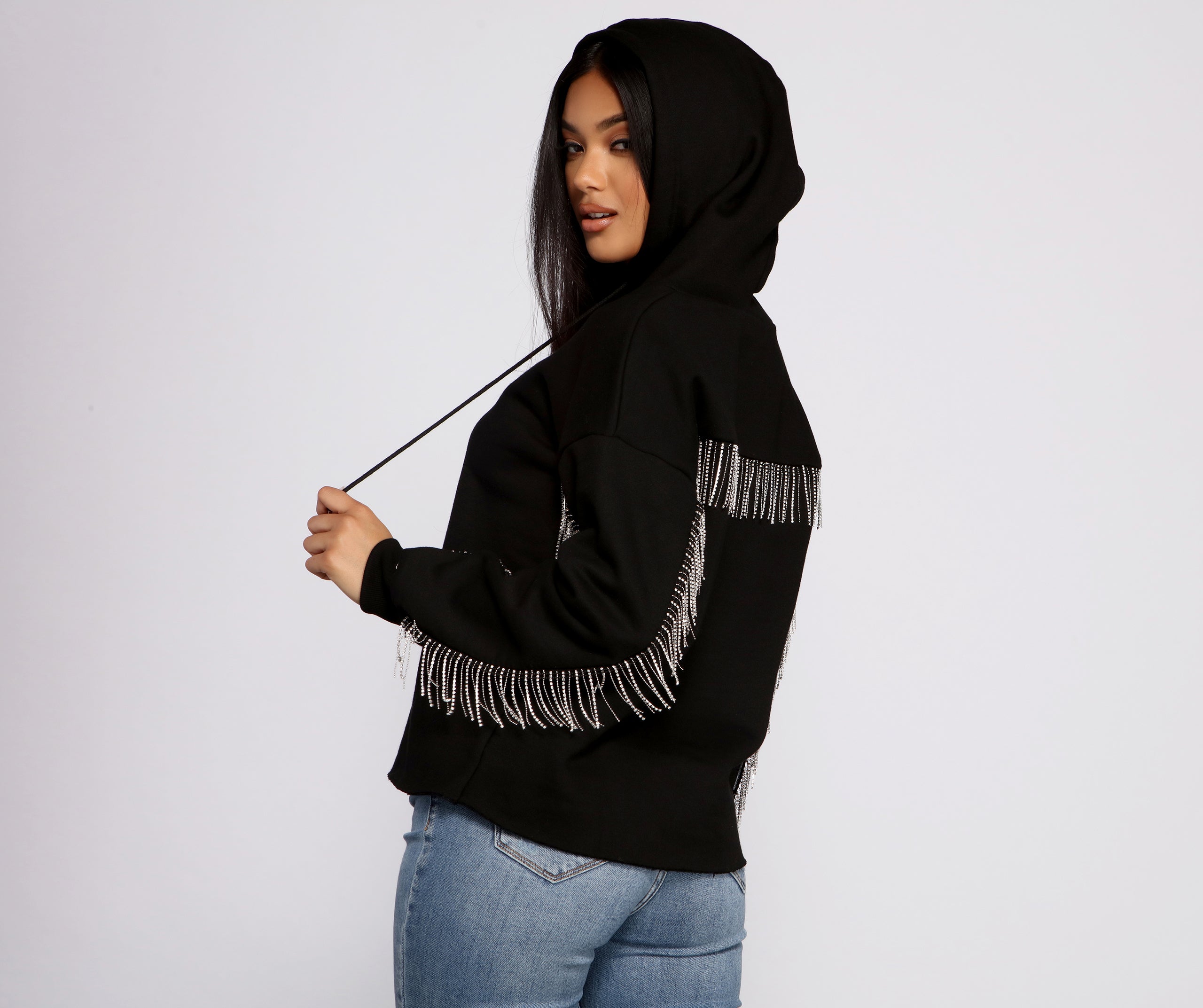 Glam Rhinestone Fringe Hoodie