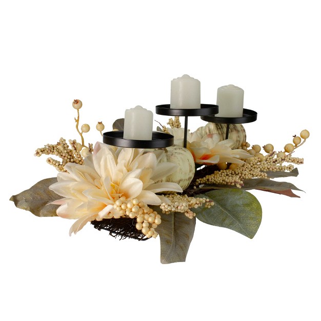 White Dahlia And Pumpkin Fall Candle Holder Centerpiece