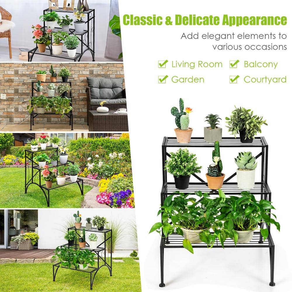 Costway Plant Rack Iron Plant Stand Garden Shelf Stair Style Decorative (3-Tier) HZ10027