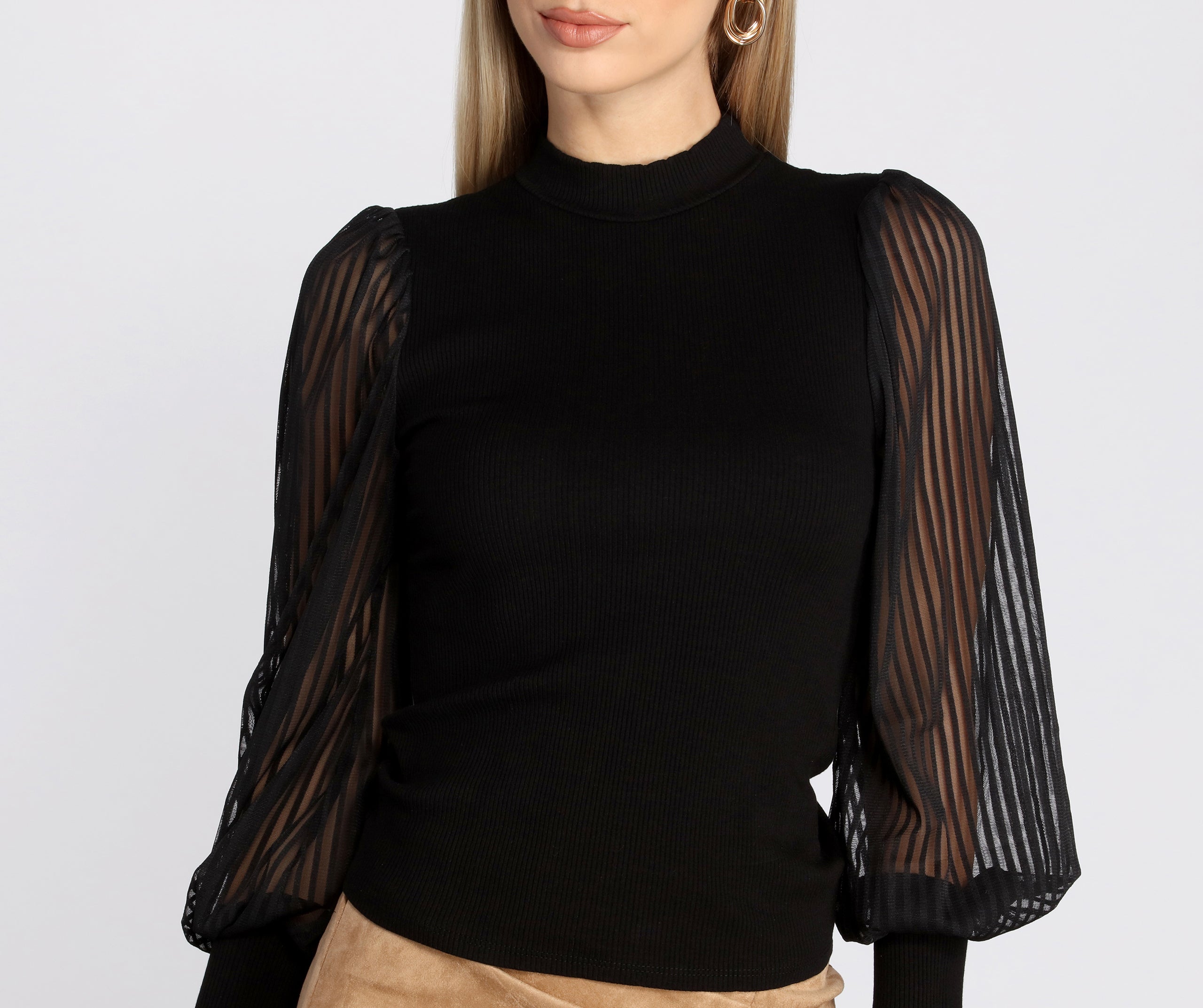 Sheer Balloon Sleeve Mock Neck Top