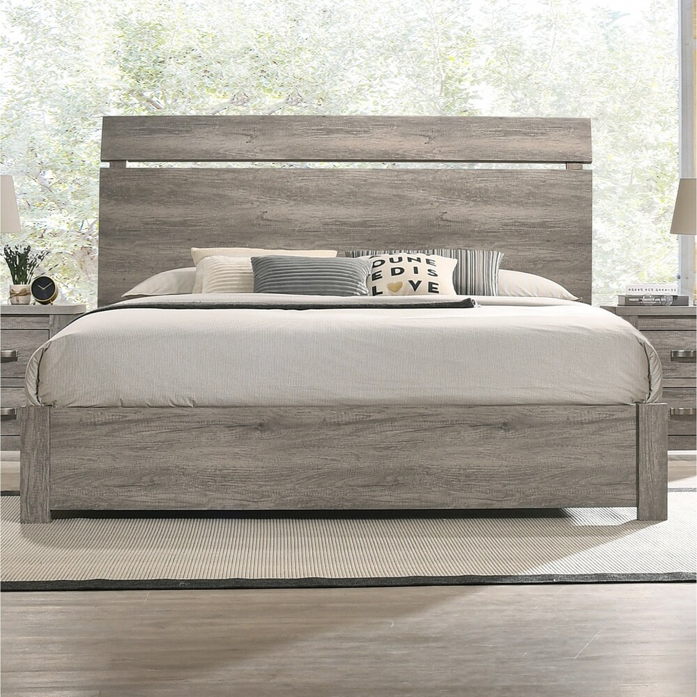 Roundhill Furniture Floren Contemporary Weathered Gray Wood Bedroom Set  Panel Bed  Dresser  Mirror  Nightstand