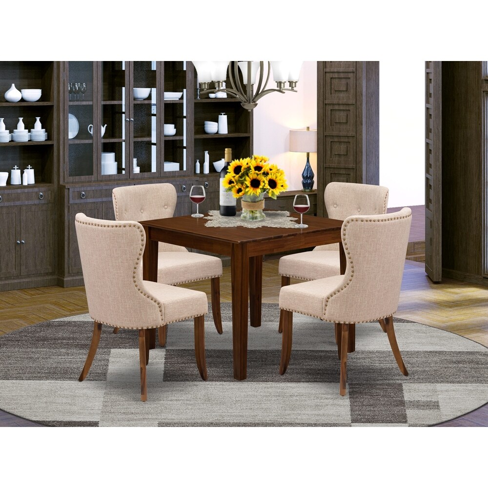 East West Furniture Dining Set  a Square Dining Table and Parson Kitchen Chairs  Antique Walnut(Pieces Options)