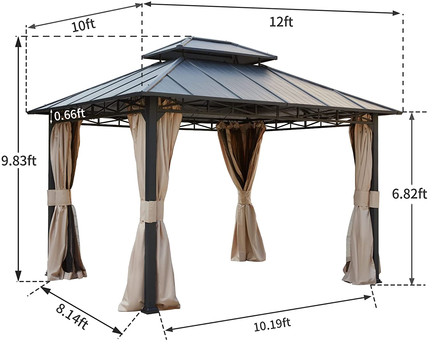 Yoleny 10' X 12' Double Roof Hardtop Gazebo, Outdoor Metal Gazebo with Netting and Curtains for Patios, Garden, Deck