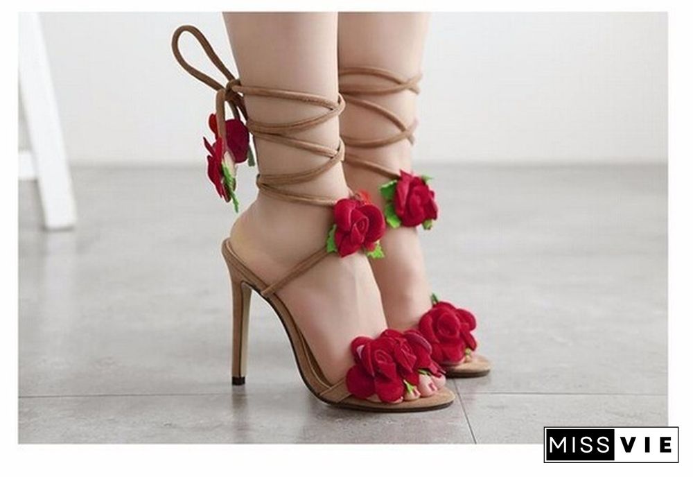 Fan Ming Star T-Taiwan Show Roses Cross Lacing Women Sandals High Heels Lady Casual Lace-Up Dress Party Shoes Wedding Shoes