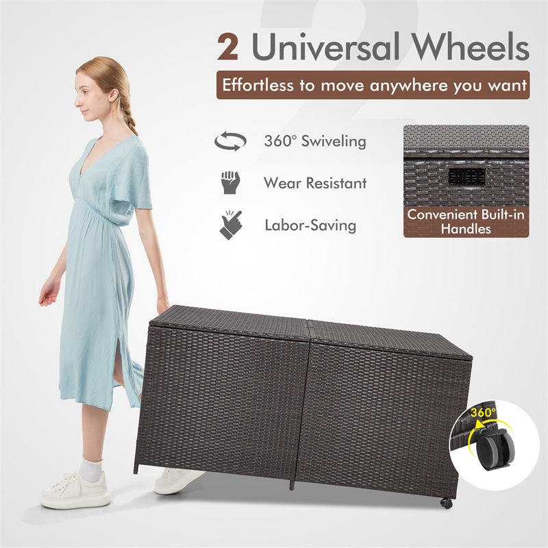 175 Gallon Rattan Garden Storage Box Wicker Deck Box with 2 Universal Wheels & Waterproof Zippered Liner