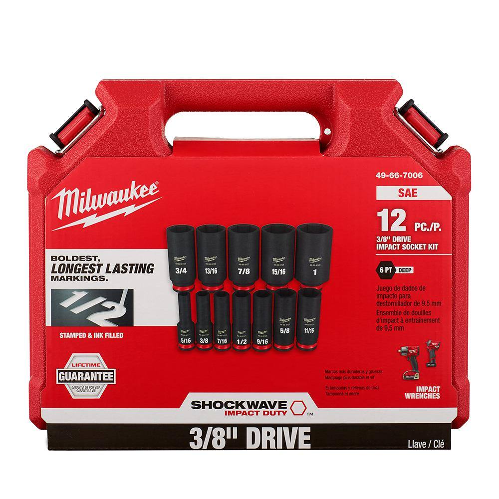 MW SHOCKWAVE 38 in. Drive Deep Well 6 Point Impact Socket Set (12-Piece) 49-66-7006