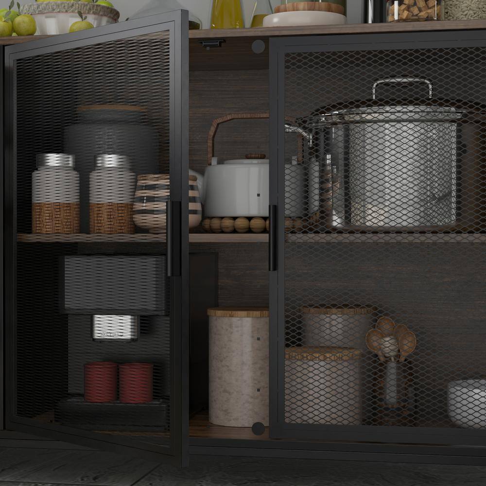 FUFUGAGA 59 in. W Kitchen Brown Wood Buffet Sideboard Pantry Cabinet For Dining Room with Metal Mesh Doors 3-Drawers Shelves KF210150-012