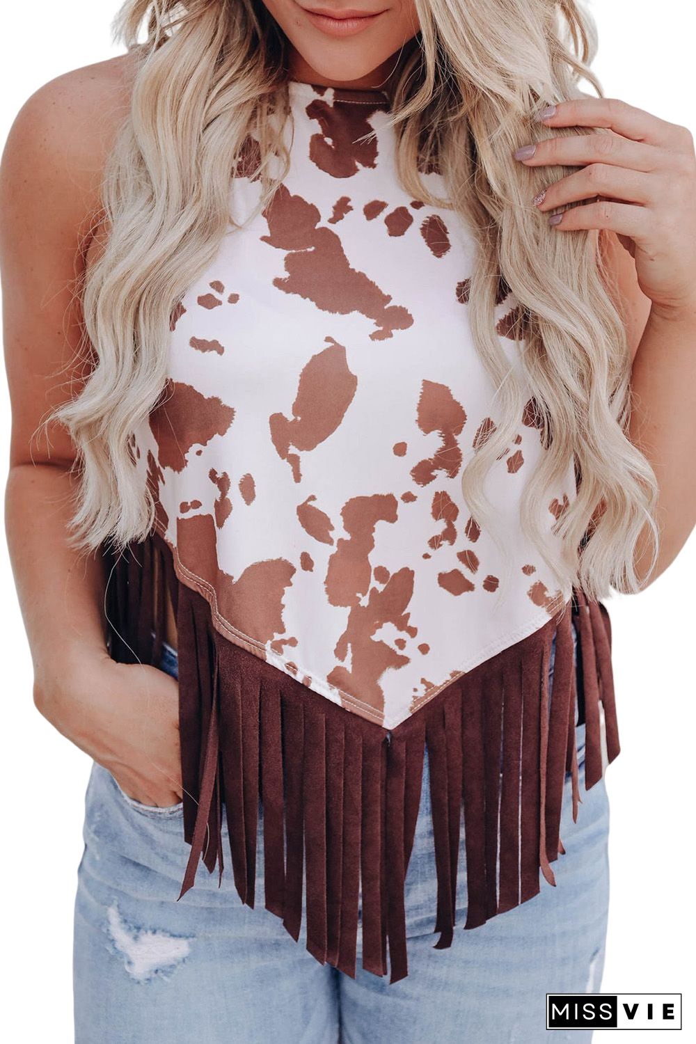 White Cow Printed Fringe Hem Tank Top