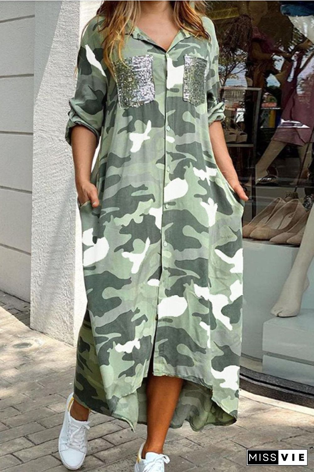 Camouflage Long Sleeve Maxi Shirt Dress