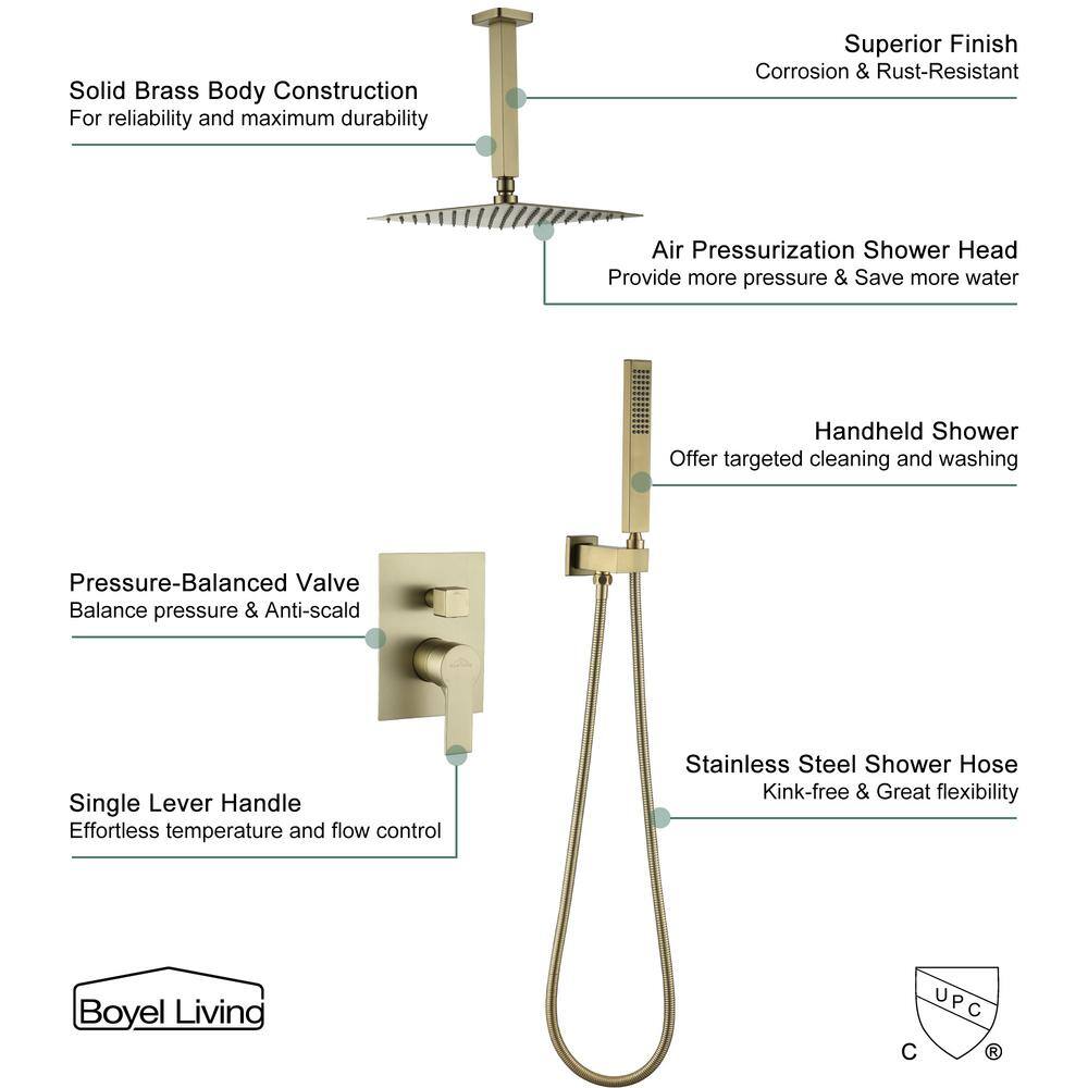 Boyel Living 1-Spray Patterns with 2.66 GPM 10 in. Ceiling Mount Dual Shower Heads with Rough-In Valve Body and Trim in Brushed Gold SMD-88009BG