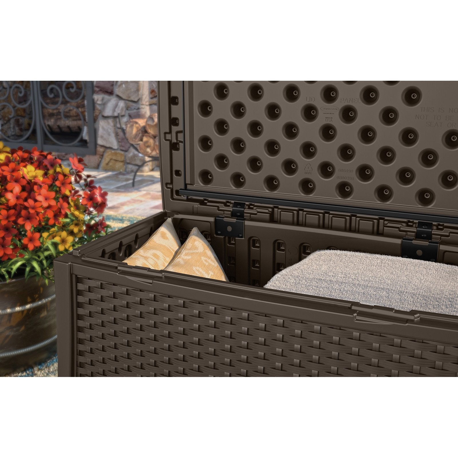 Suncast Elements 30-Gallon Resin Wicker Patio Storage Coffee Table, Java Brown