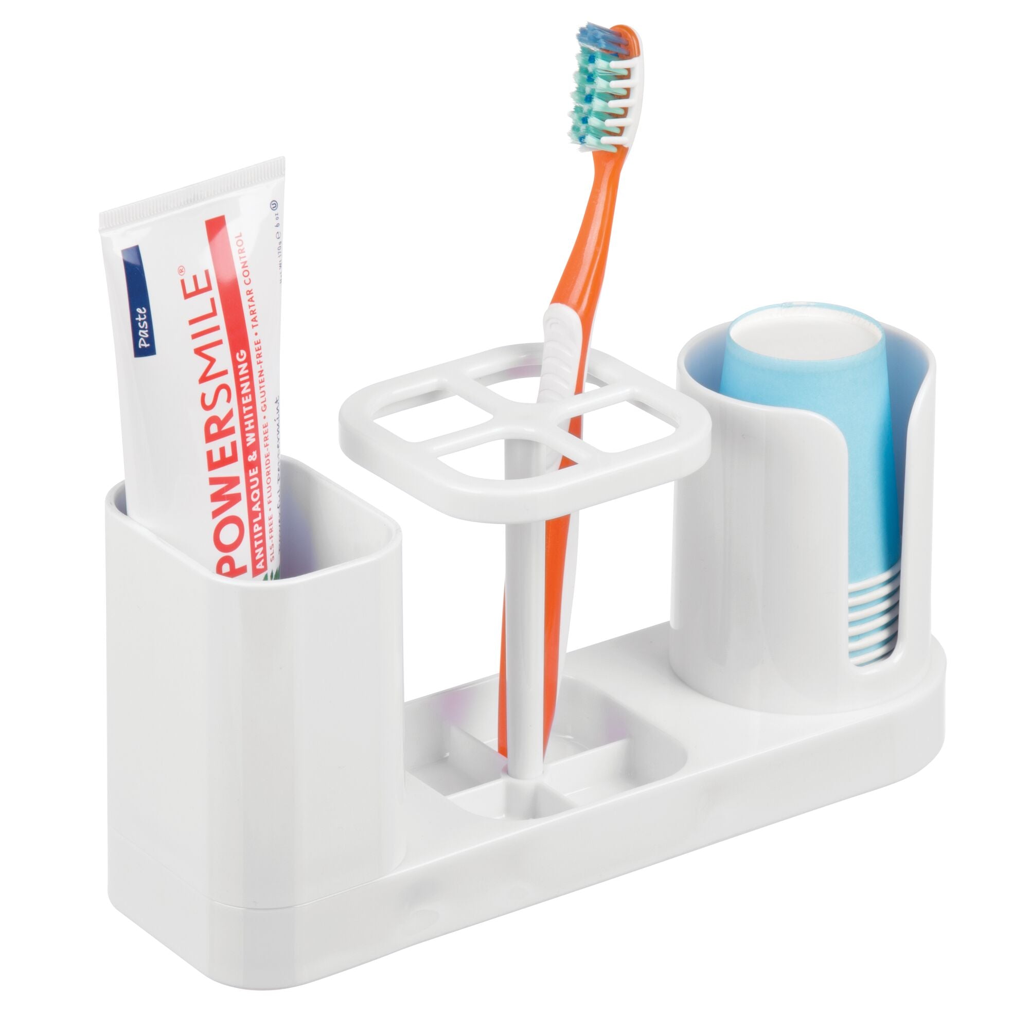 mDesign Plastic Bathroom Vanity Countertop Dental Storage Organizer Holder Stand for Electric Spin Toothbrushes/Toothpaste with Compartment for Rinse Cups - Compact Design - White