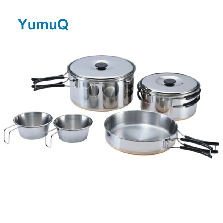 YumuQ 5 Pieces Stainless Steel Camping Equipment Cookware Set Copper Plated Bottom For Hiking