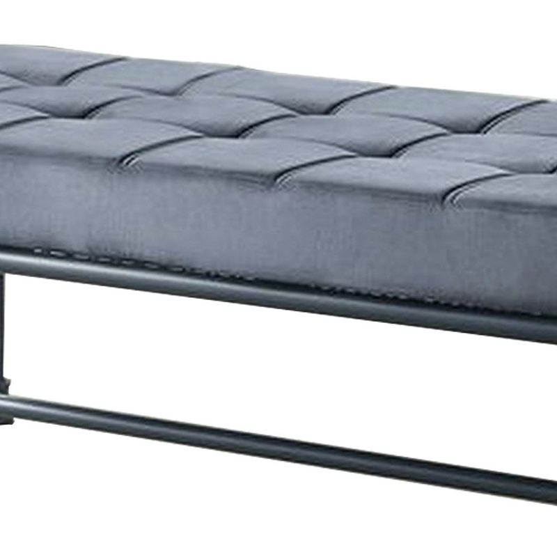 Bench with Button Tufted Seat and Pipe Style Metal Frame， Gray