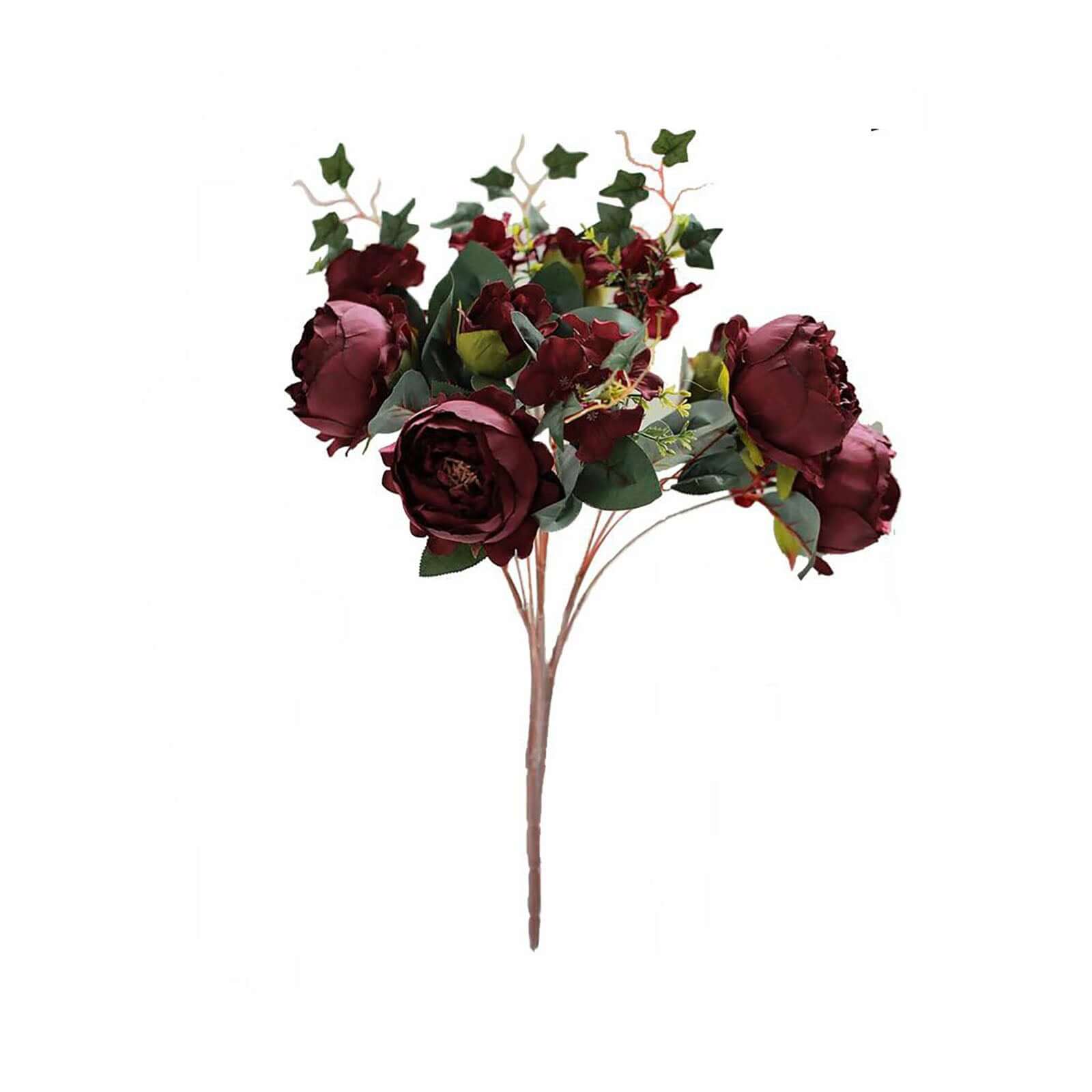 2 Bush Burgundy Artificial Silk Peony, Rose and Hydrangea Flower Bouquet