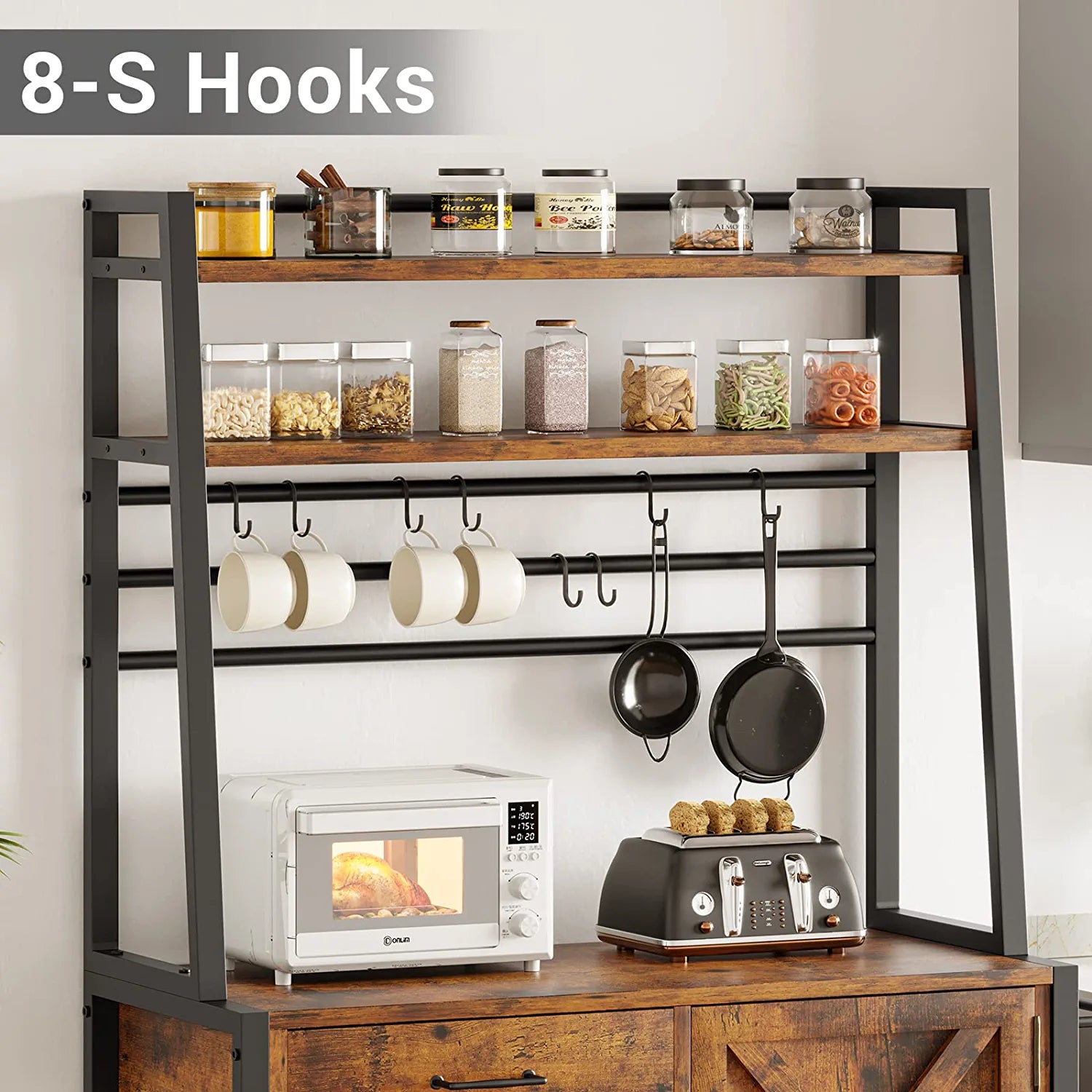 Baker's Rack， Coffee Bar Cabinet with Wine Rack， Storage Drawer and 8 Hooks for Kitchens， Rustic Brown