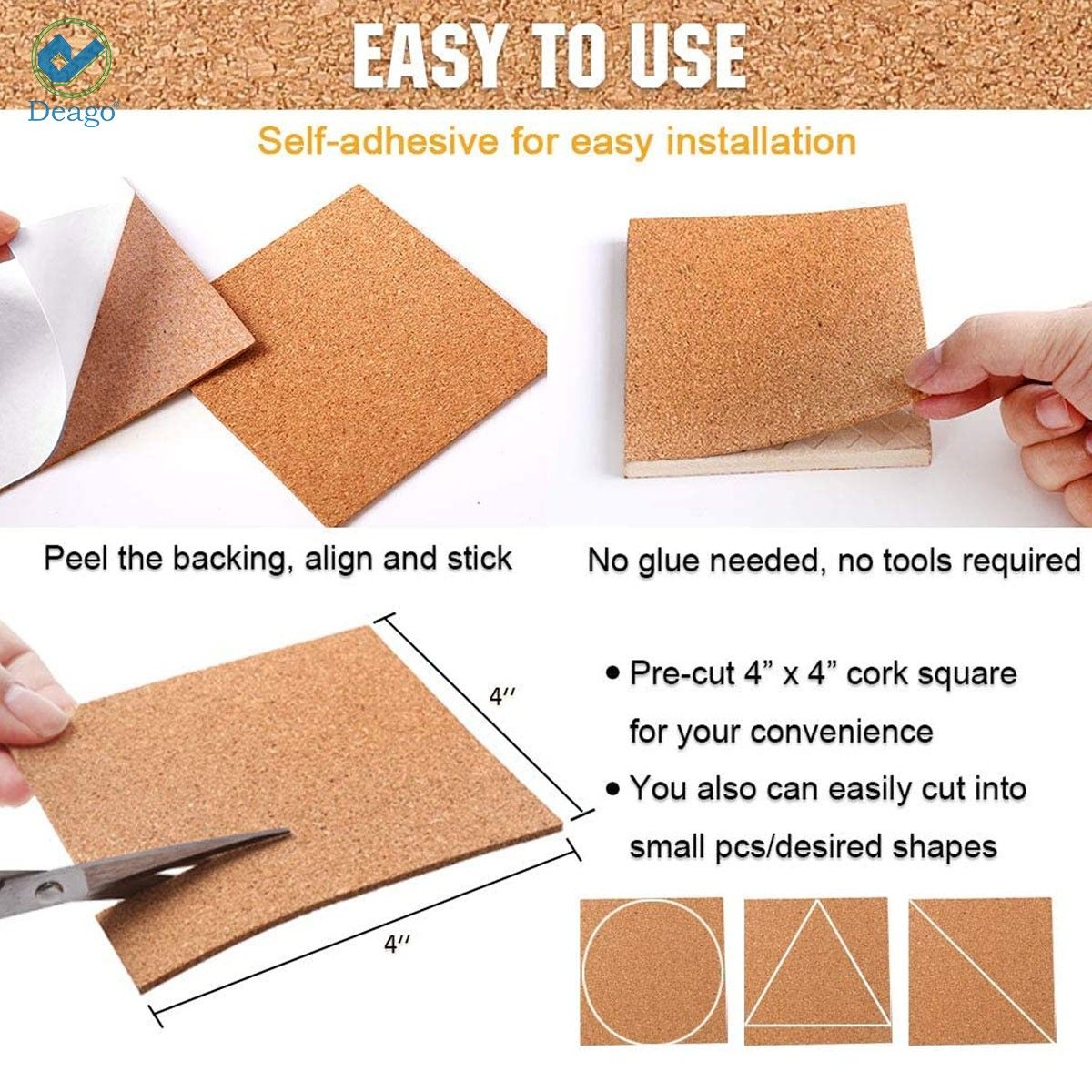 Deago 50 Pack Self-Adhesive Cork Squares 4 x 4 Inch Cork Tiles Board Mini Backing Sheets for Coasters and DIY Crafts