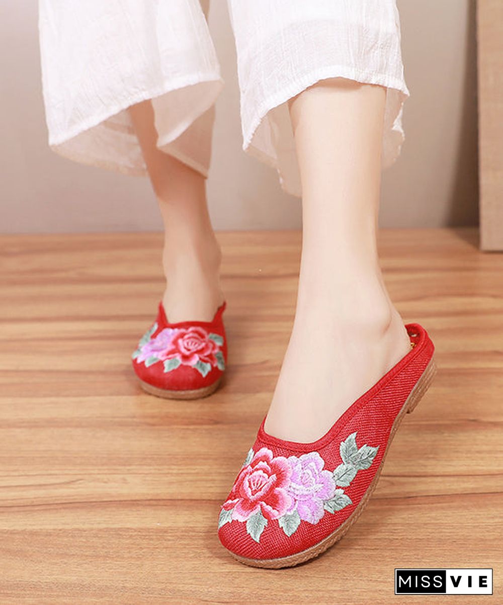 Red Slide Sandals Floral Embroideried Linen Fabric Slides For Women