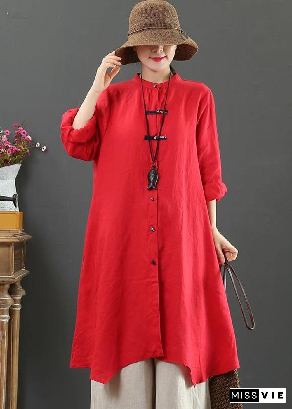 Unique Stand Collar Asymmetric Spring Clothes Pattern Red Blouse