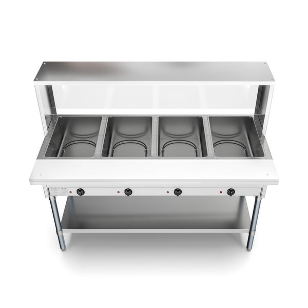 4-Pan Open Well Commercial Electric Stainless Steel Steam Table with Sneeze Guard， Warming Control Knobs， Front Serving Area