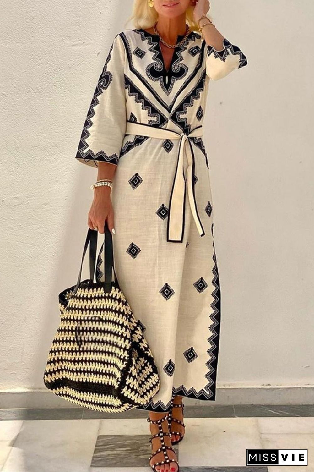 Bohemian Elegant Geometric Print With Belt V Neck A Line Dresses