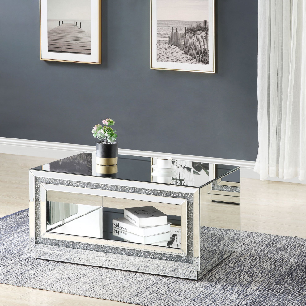 Rectangular Coffee Table  Mirrored Design With Open Shelf and Faux Diamond Inlay   Contemporary   Coffee Tables   by Declusia  Houzz