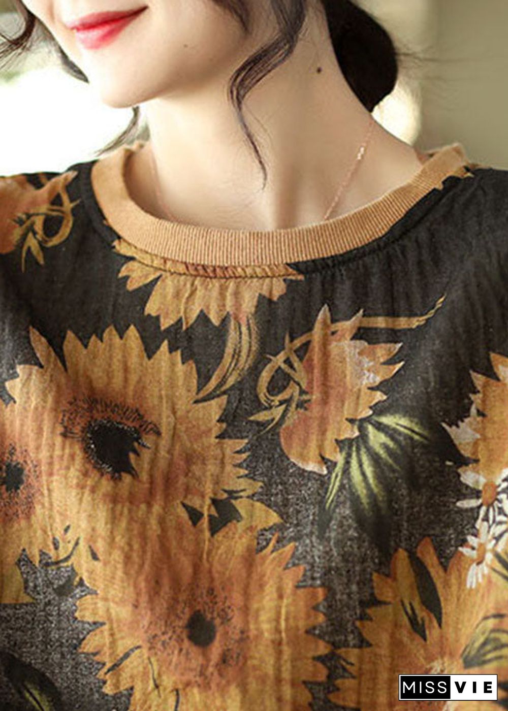 DIY Black O-Neck wrinkled drawstring Floral Print Pullover Sweatshirt Spring