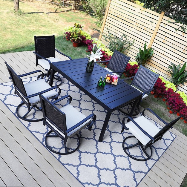 7pc Patio Dining Set With 360 Swivel Chairs With Cushions And Rectangle Concertina Steel Table Captiva Designs