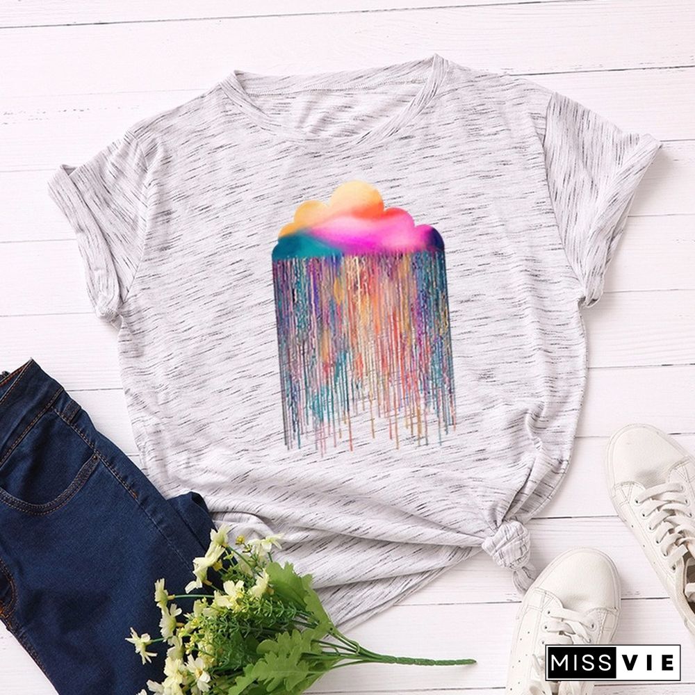 JCGO Summer Cotton Women T Shirt S-5XL Versatile Colorful Cloud Print Short Sleeve Tees Tops Casual Simple O-Neck Female TShirts