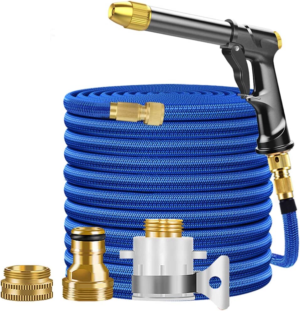 SSAWcasa Garden Hose Expandable Water Hose with Heavy Duty Metal Spray Nozzle High Pressure Water Nozzle with 3-Spray Mode for Watering Garden， Cars and Showering Pets (50ft)