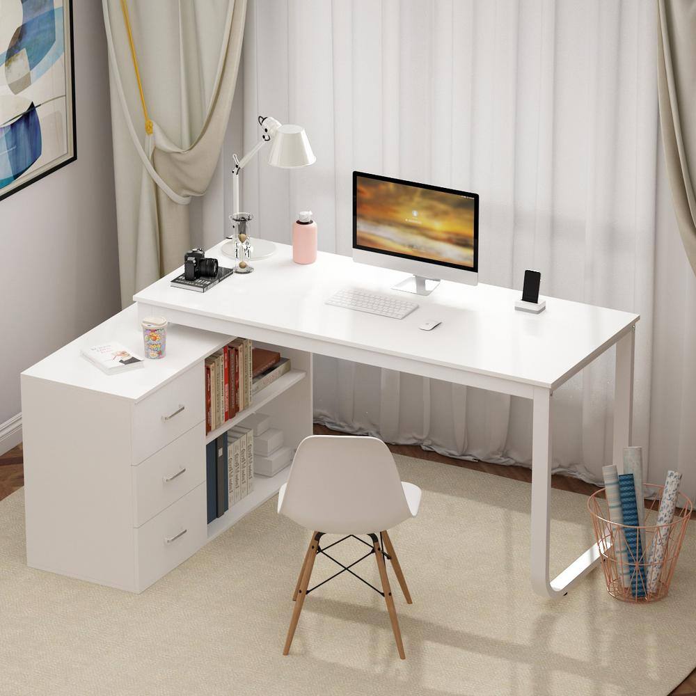 FUFUGAGA 55.1 in. L-Shaped White Wood Writing Desk Corner Gaming Desk With 2-Tier Shelves and 3-Drawers Home Office Use KF210009-02-c