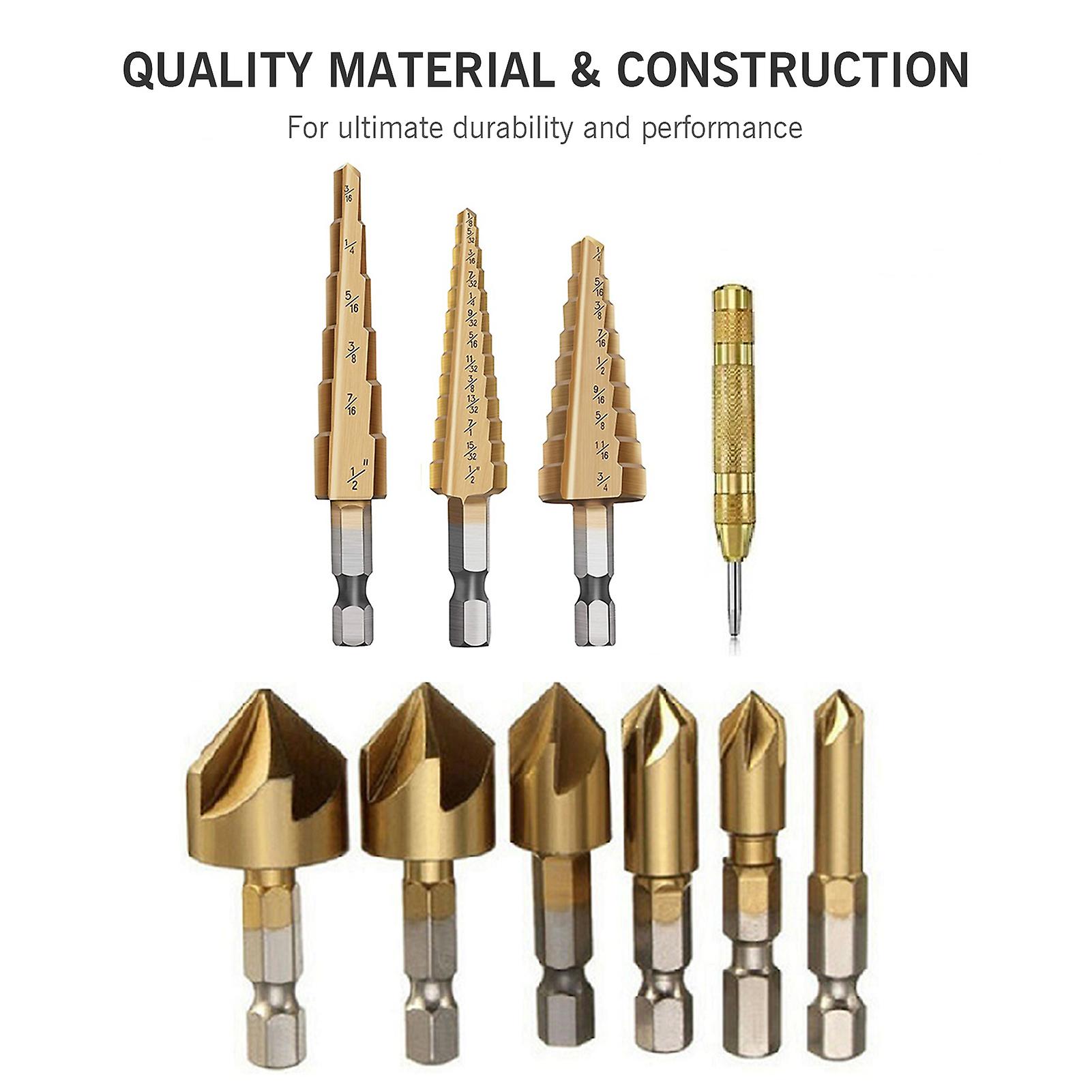 11 Pieces Step Drill Bit Set High-speed Steel Step Drill Bit Set With Automatic Spring Loaded Center Punch Countersink Drill Bit Set Storage Bag For W