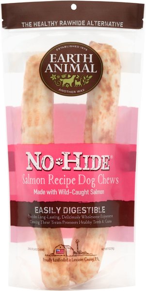 Earth Animal No-Hide Long Lasting Natural Rawhide Alternative Salmon Recipe Large Chew Dog Treats， 2 count