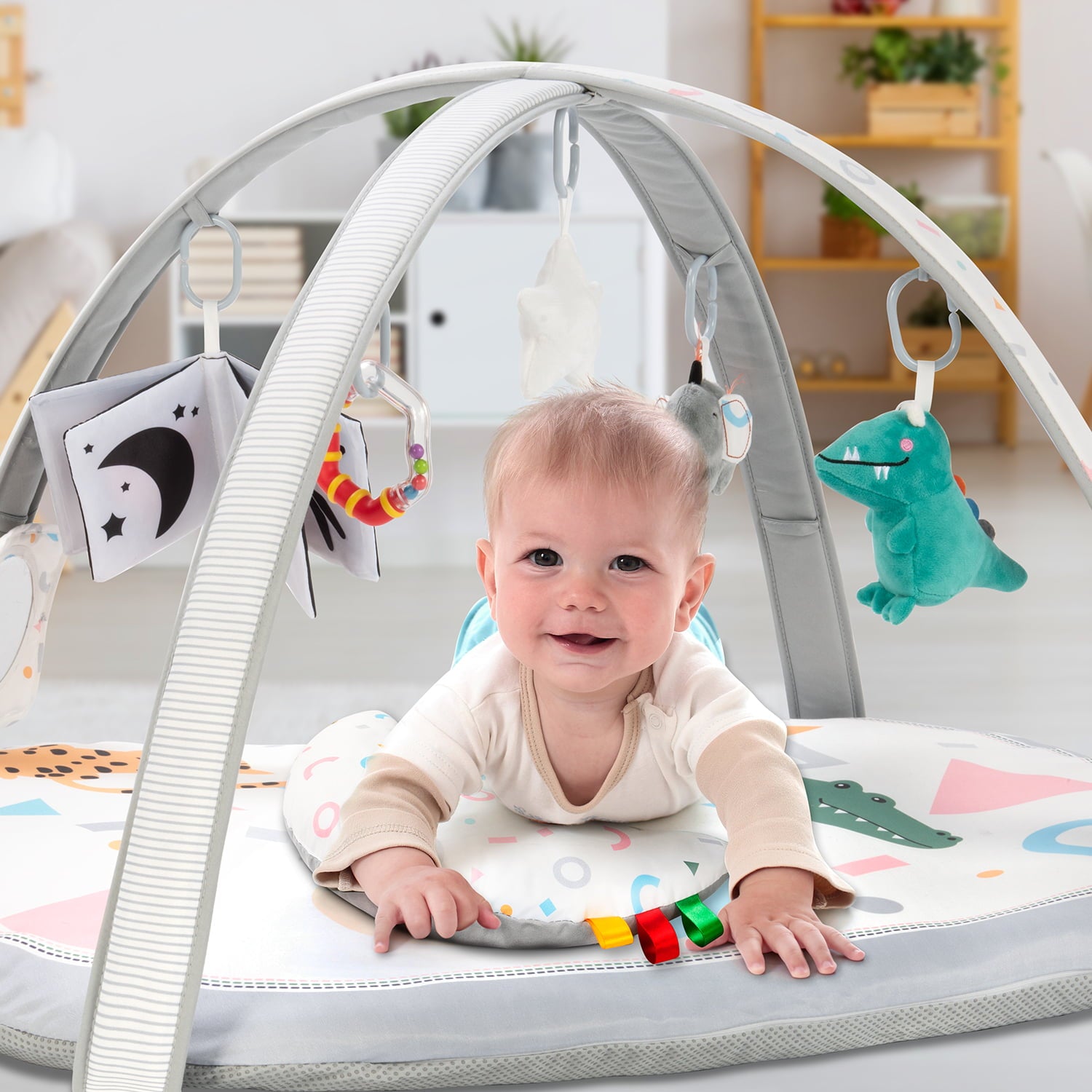 Lupantte 7-in-1 Baby Activity Gym， Baby Learning Toys Gym Mat with 6 Toys 2 Replaceable Washable Mat Covers，for Newborn