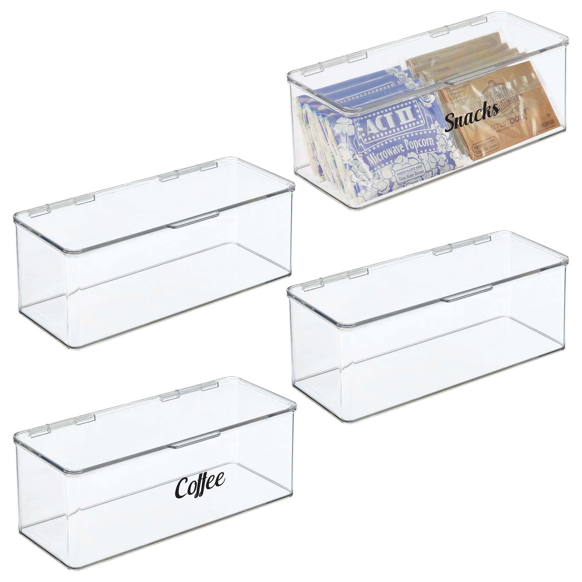 mDesign Plastic Stackable Kitchen Pantry Cabinet/Refrigerator Food Storage Container Box, Attached Lid - Compact Organizer for Coffee, Tea, Packets, Snack Bars - Pack of 4, Includes 32 Labels - Clear