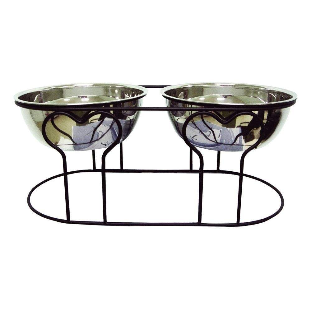 YML Group Double Stainless Steel Feeder Bowls with Wrought Iron Stand - Medium