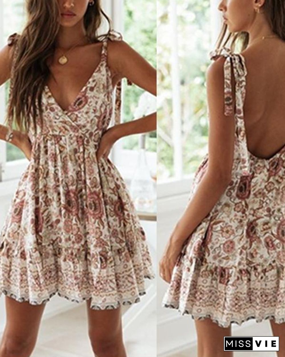 Sexy Lace-up Strap Deep-V Backless Holiday Print Dress