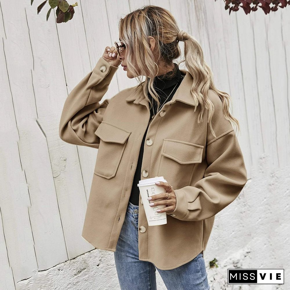 Winter Lapel Women Jacket Single-breasted Thickened Solid Color Shirt Woolen Loose Coat Women Coat