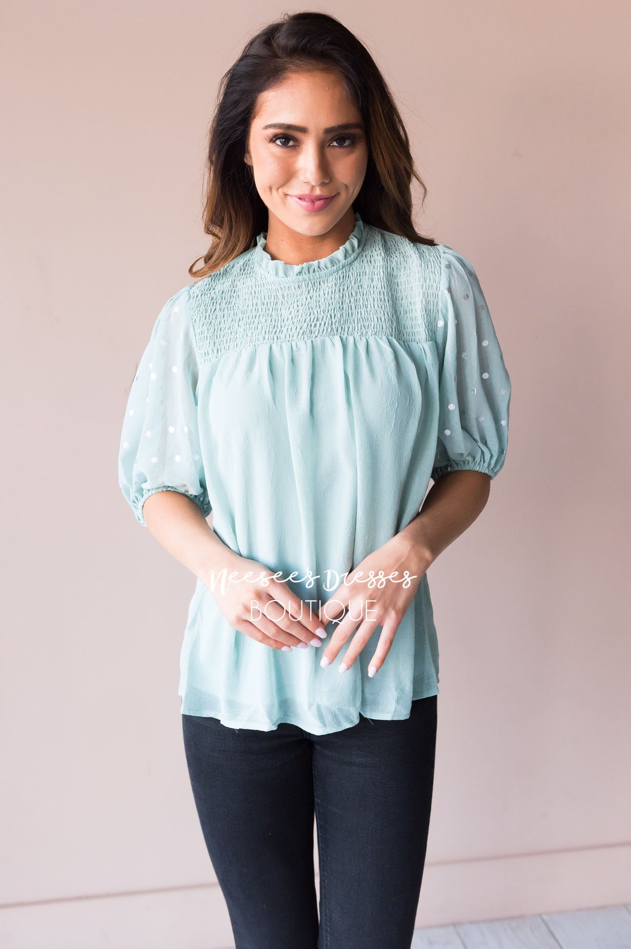 Mint Shimmer Smocked Modest Blouse