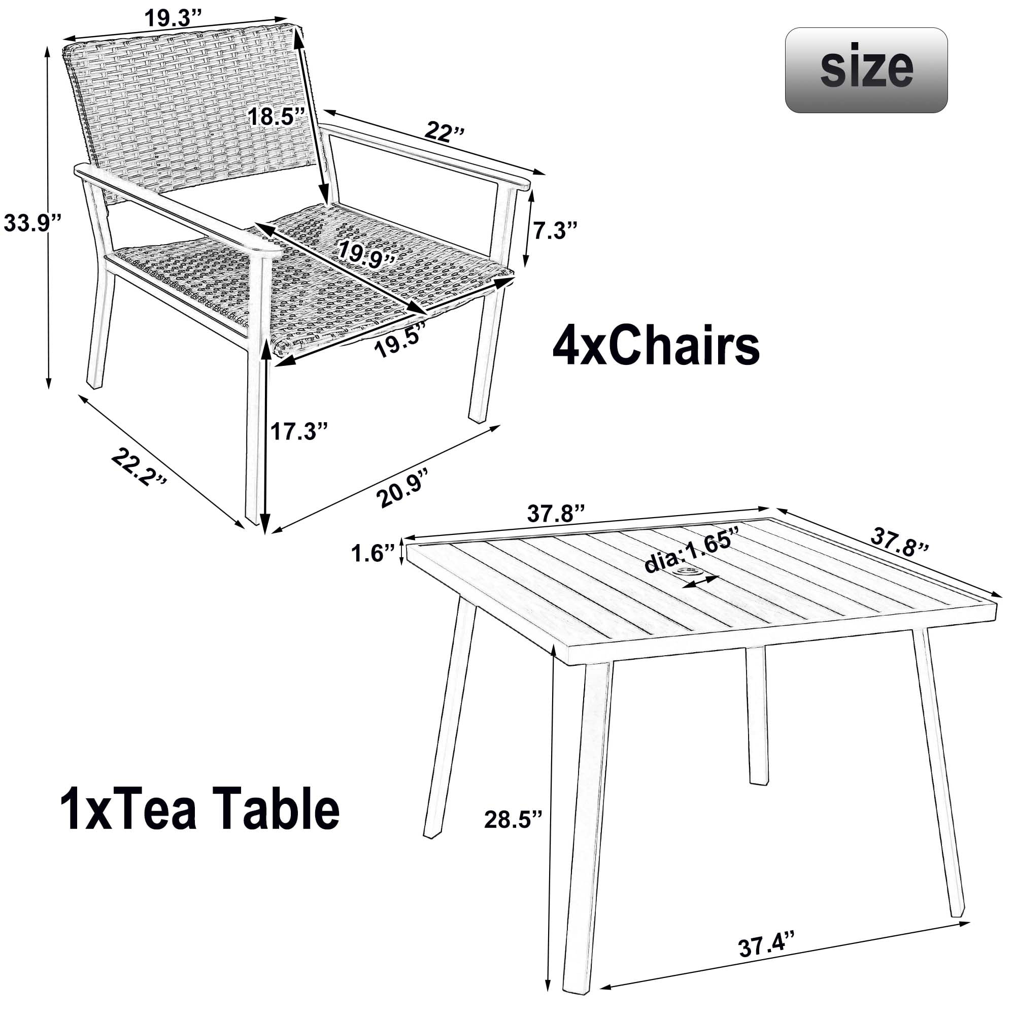 5 Piece Patio Dining Set, BTMWAY PE Rattan Patio Table and Chairs Sets with Umbrella Hole Table and 4 Dining Chairs, Outdoor Patio Bistro Sets for Backyard Garden Balcony, Black Wicker