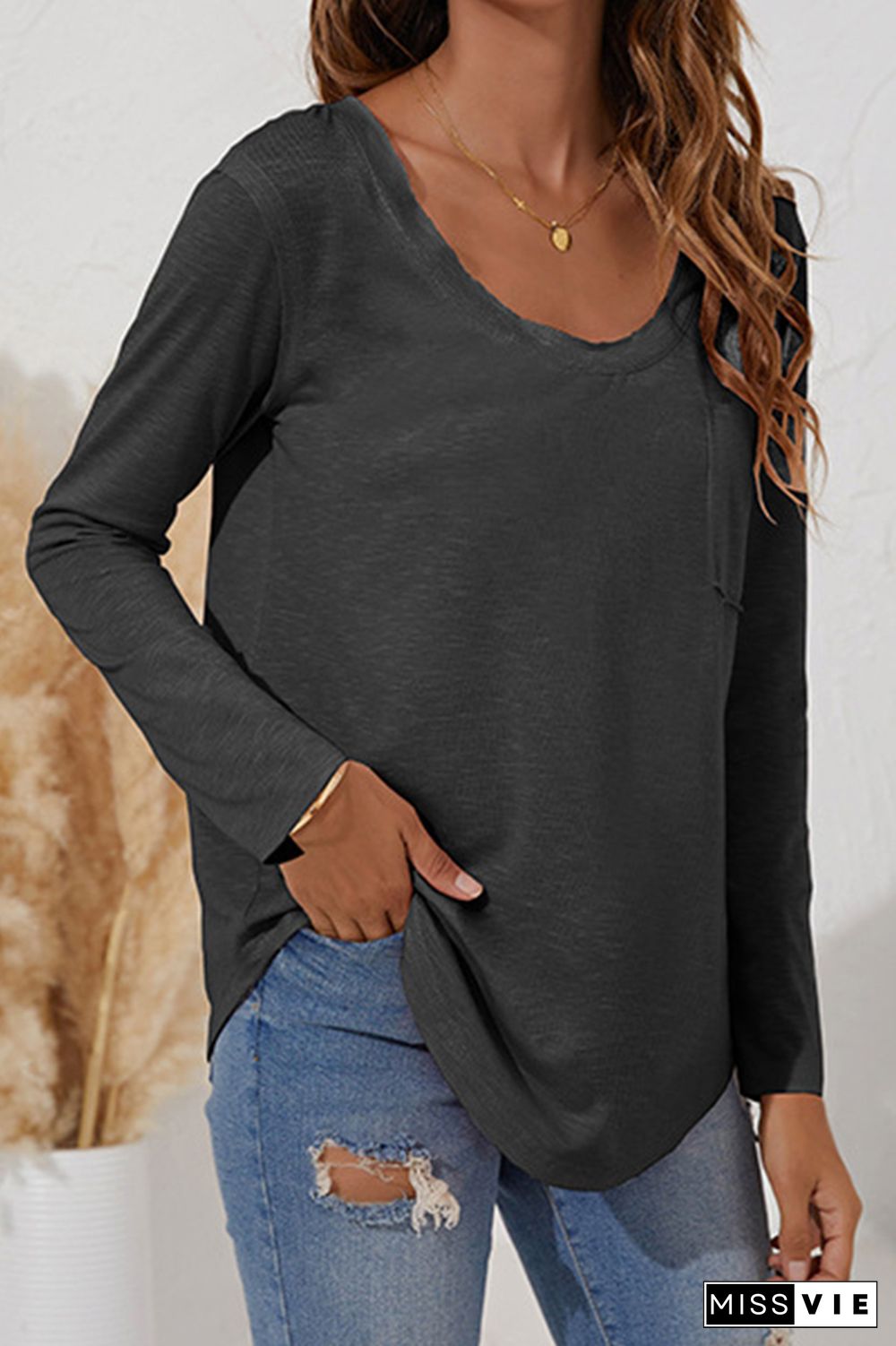 Casual Rolled Stitching Tops With Pocket Long Sleeves T-shirt Wholesale