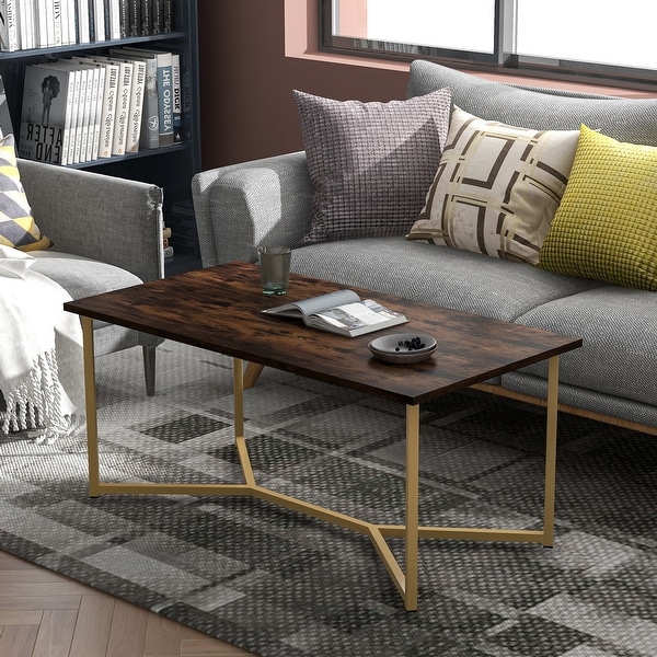 Modern Rectangle Wood Coffee Table with Powder-Coated Metal X-Leg Base