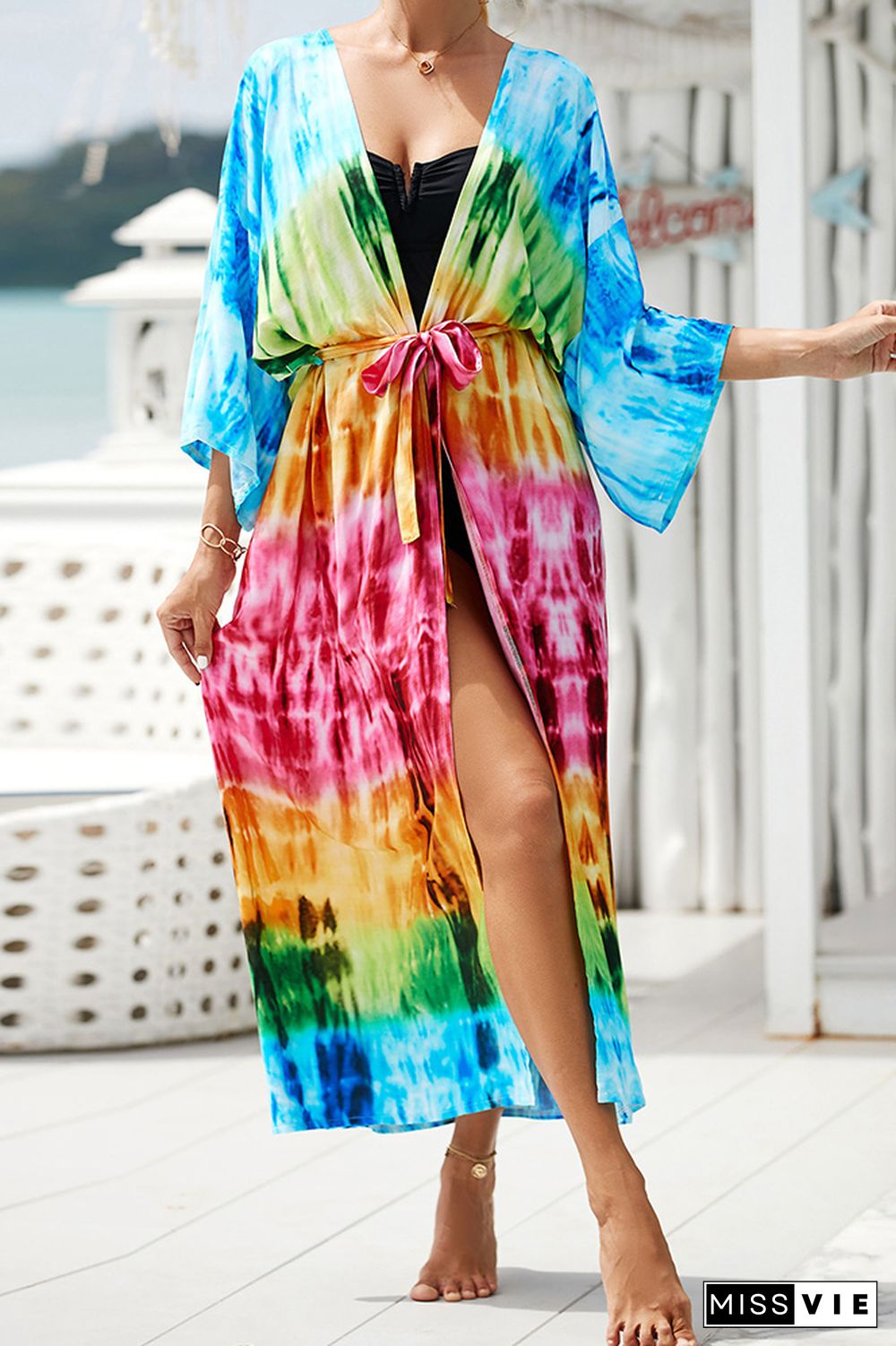 Colorblock Printing Beach Cover Up Kimono