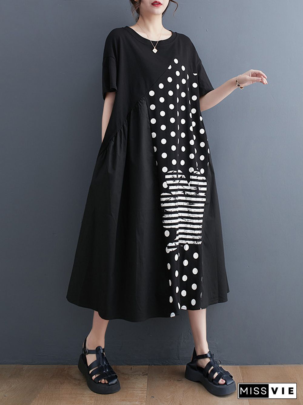 Irregularity Oversize Printed Striped Polka-Dot Split-Joint Round-Neck Midi Dresses