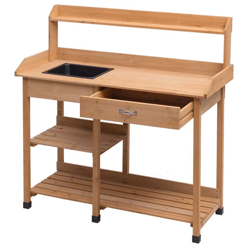 Outdoor Patio Potting Bench Table with Sink, Drawer, Shelves & Hooks, Fir Wood Garden Work Bench Workstation