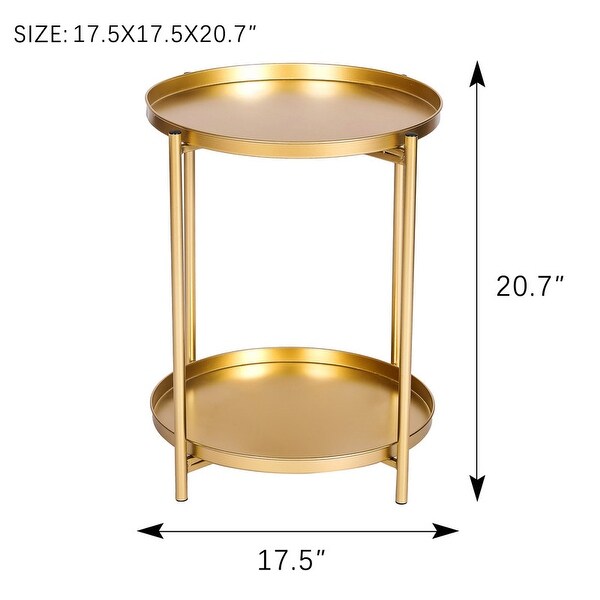 Adeco Side Table 2-Tier Metal Round End Table with Removable Tray - 17.5