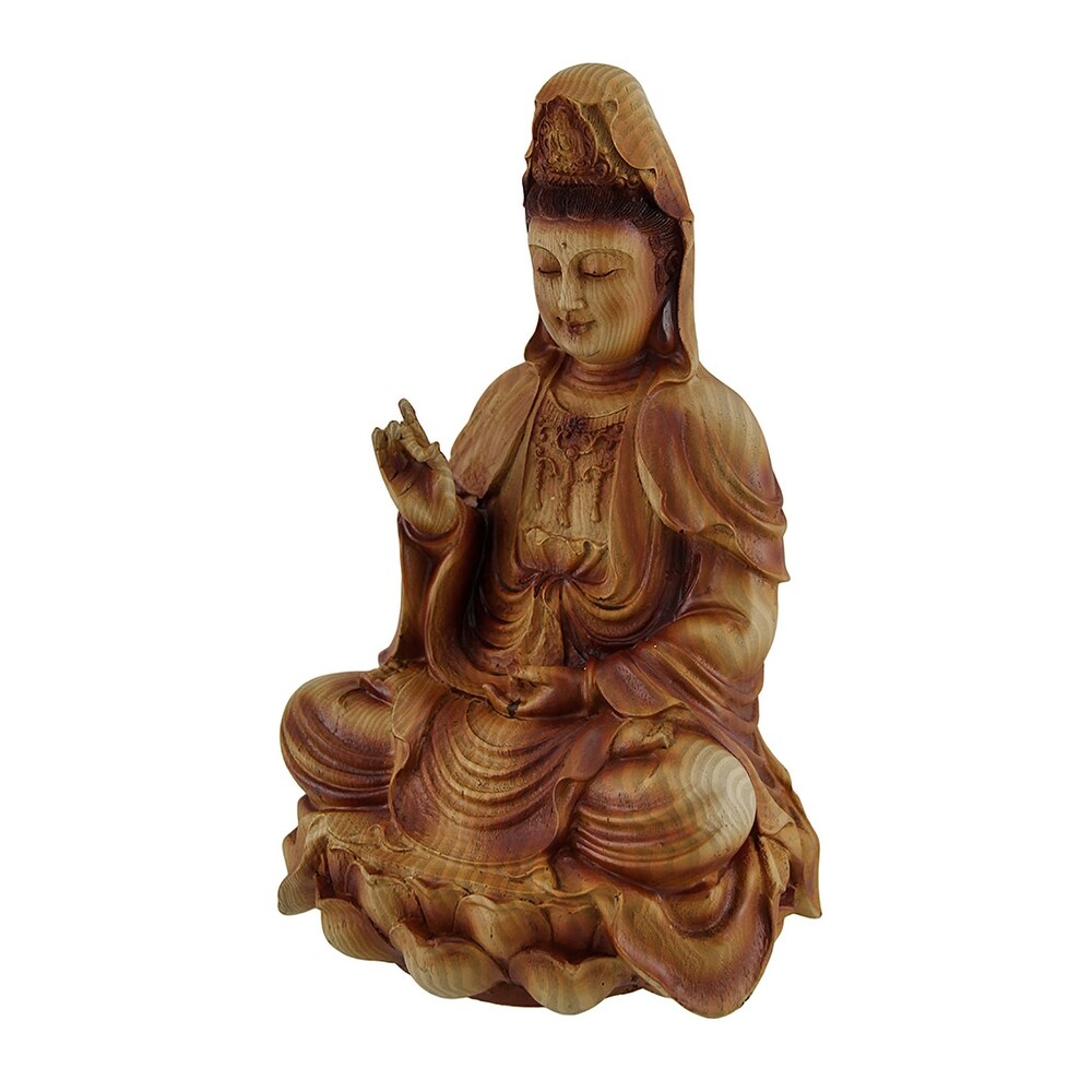 Wood Finish Resin Guanyin Goddess Of Mercy 9 Inch Statue   9 X 5.25 X 4.75 inches